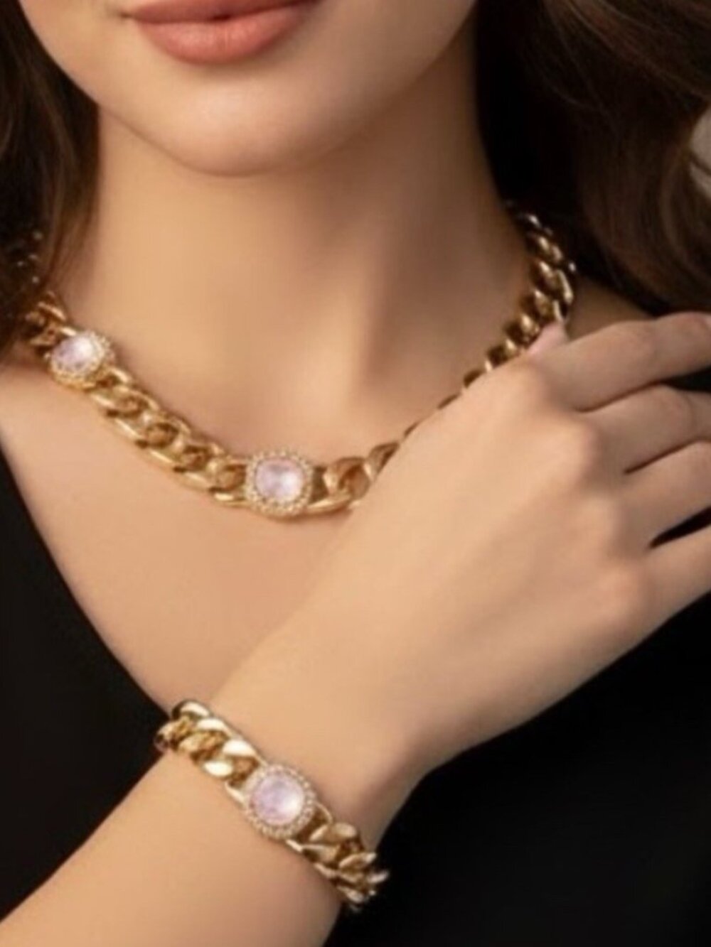 Gold Plated Pink Opal Cuban Chain Necklace SET Stainless Steel Womens Jewelry